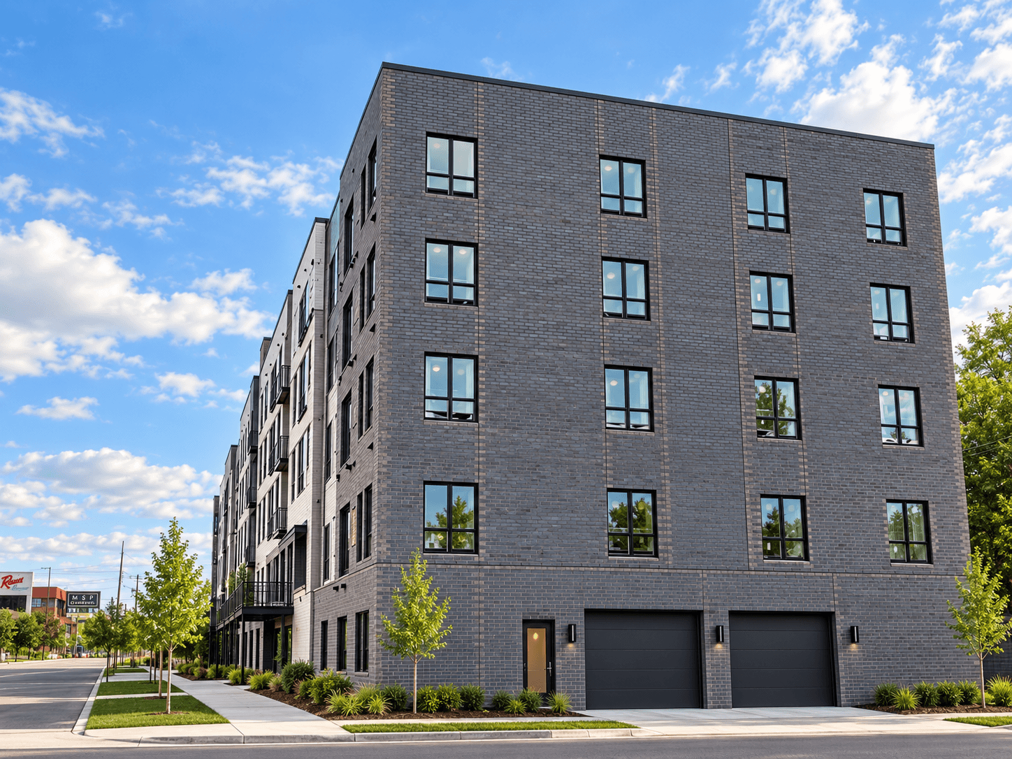 A modern grey building with black garage doors and windows.